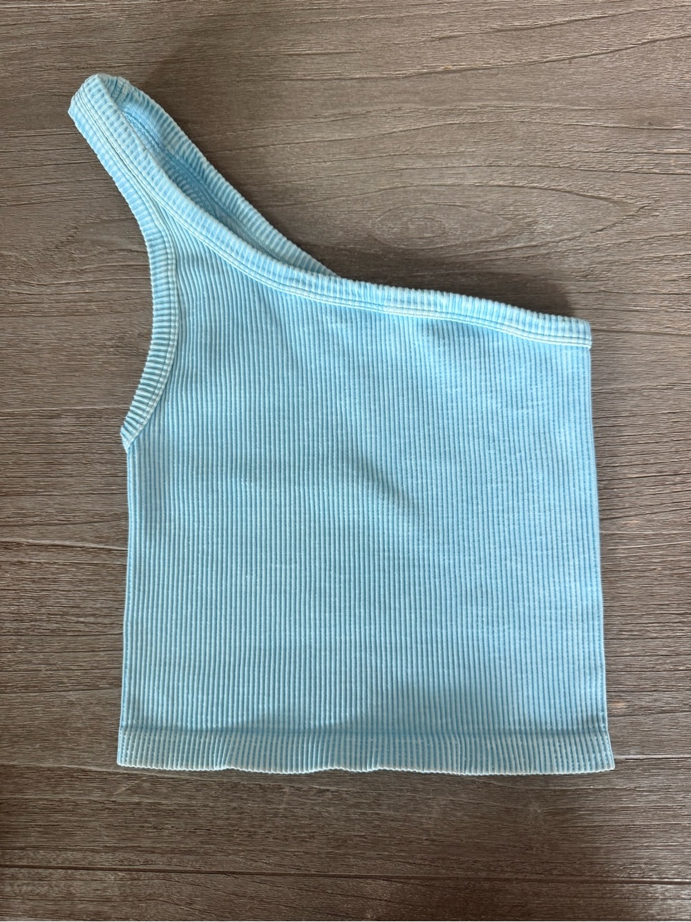 Nikibiki Ribbed One-Shoulder Cropped Top in White Washed Aqua Blue